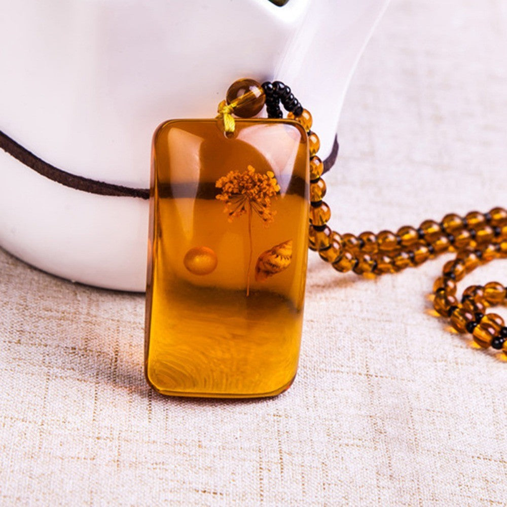 Amber Floral Rectangle Pendant Necklace