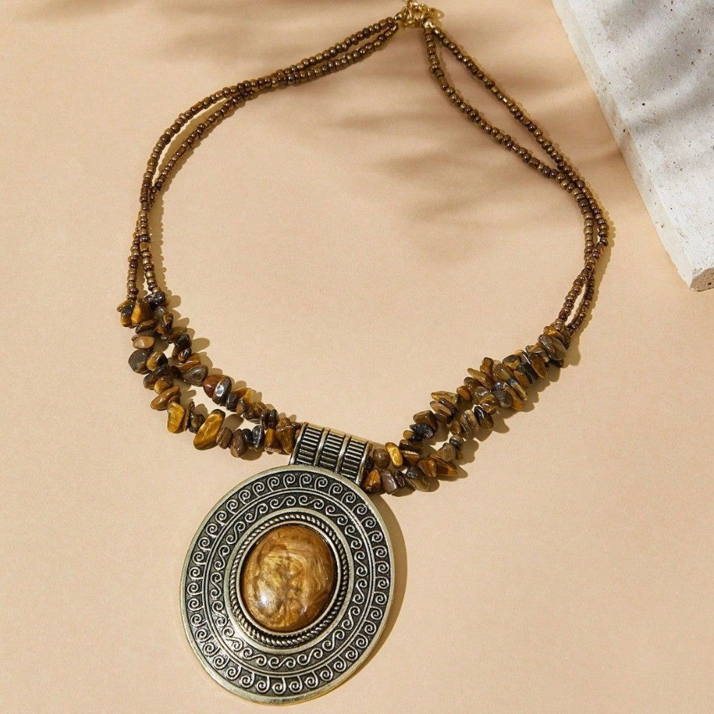 Turquoise Chip & Etched Oval Necklace