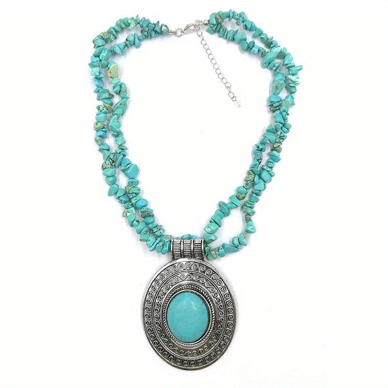 Turquoise Chip & Etched Oval Necklace