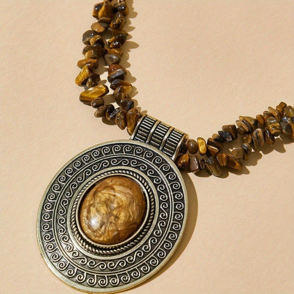 Turquoise Chip & Etched Oval Necklace