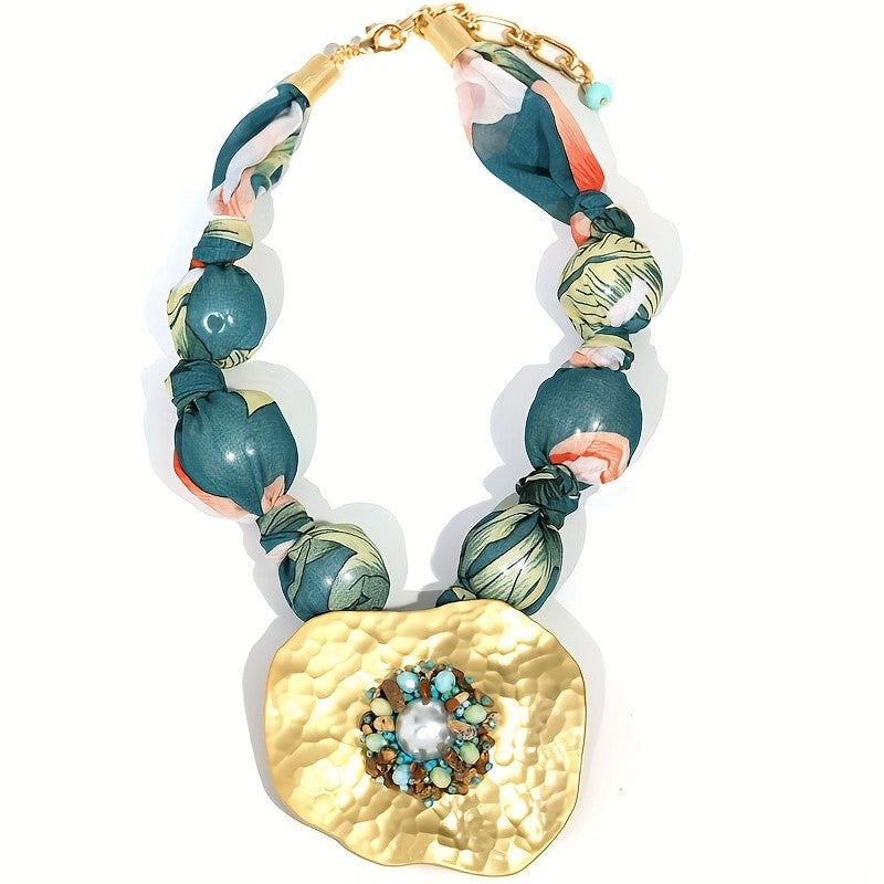 Floral Bead & Hammered Pendant Necklace