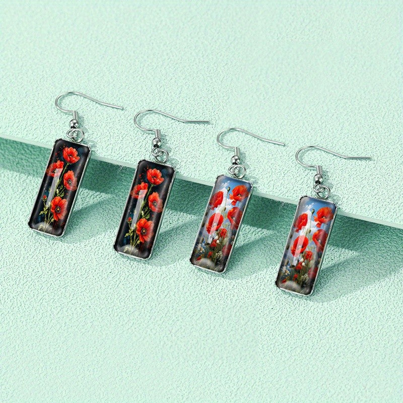Rectangular Poppy Field Glass Earrings
