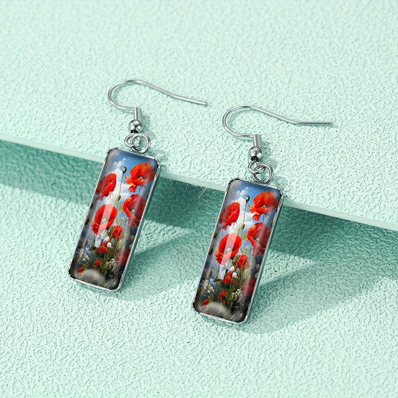 Rectangular Poppy Field Glass Earrings