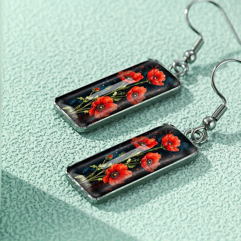 Rectangular Poppy Field Glass Earrings