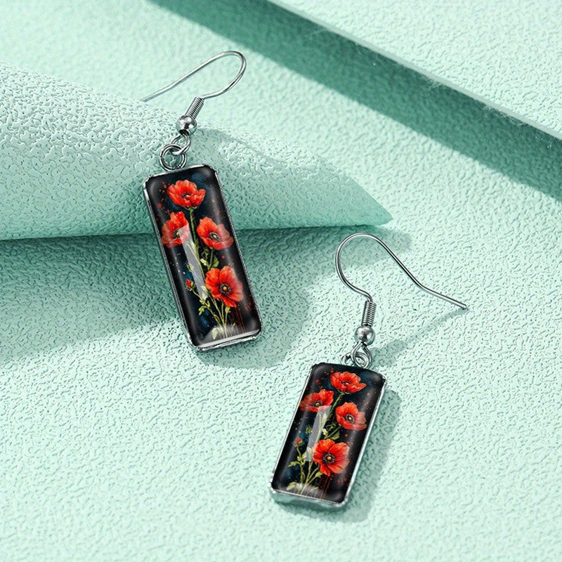 Rectangular Poppy Field Glass Earrings