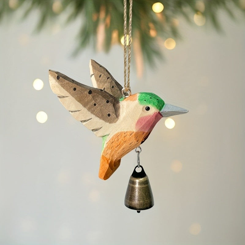 Painted Wood Hummingbird Bell Ornament
