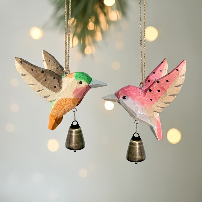 Painted Wood Hummingbird Bell Ornament