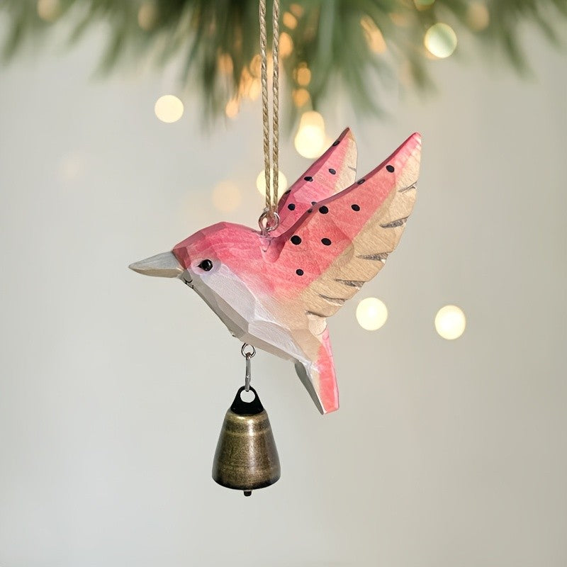 Painted Wood Hummingbird Bell Ornament
