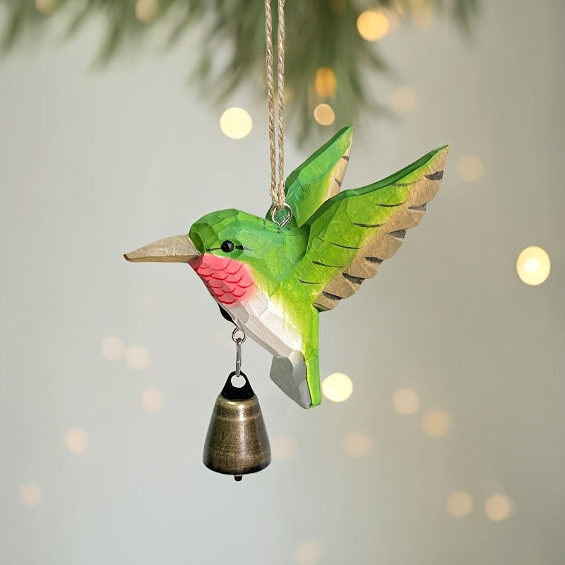 Painted Wood Hummingbird Bell Ornament