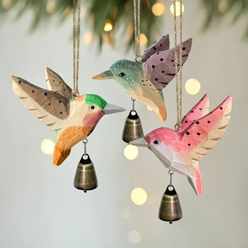 Painted Wood Hummingbird Bell Ornament