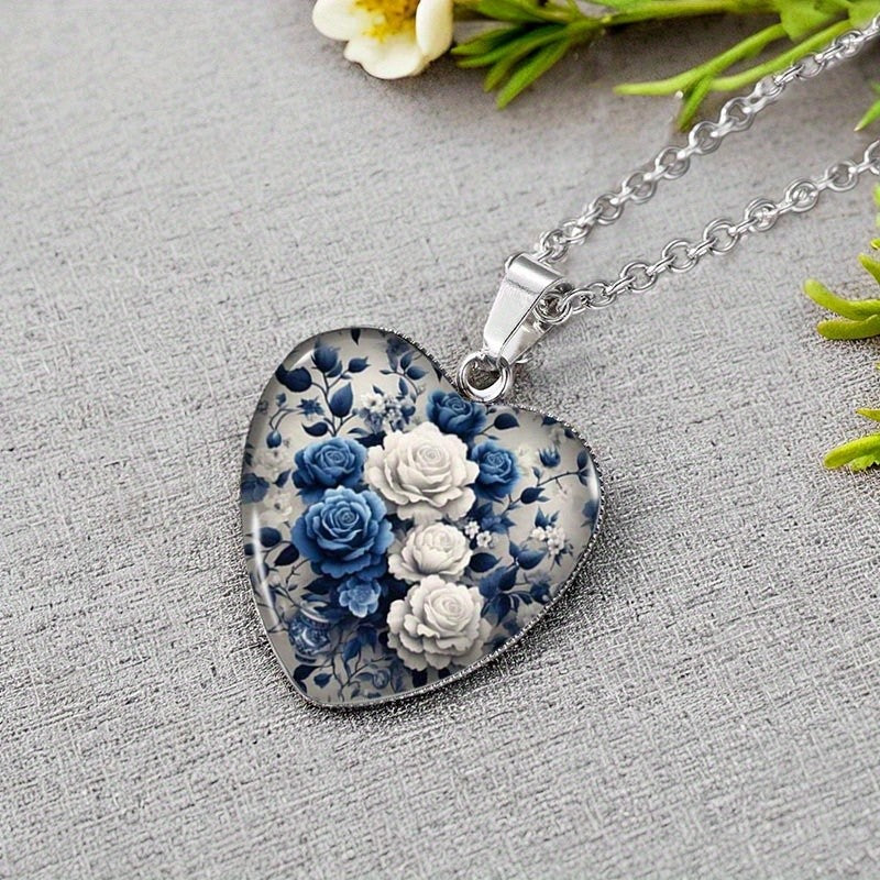 Blue & White Floral Heart Necklace