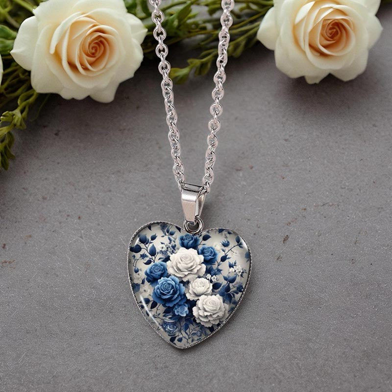 Blue & White Floral Heart Necklace