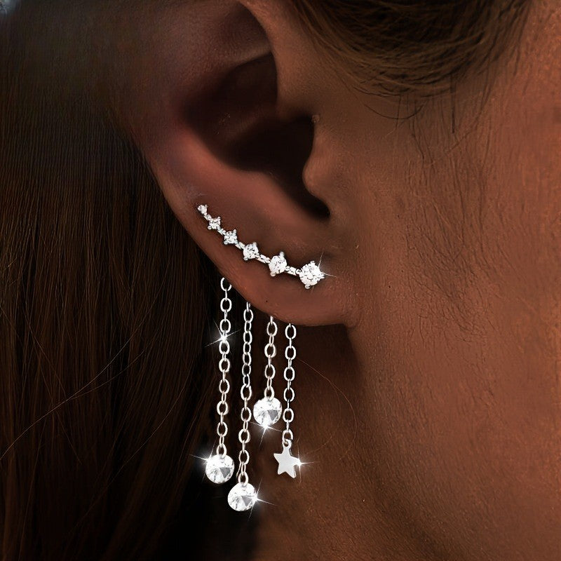 Crystal Star Curve Tassel Earrings