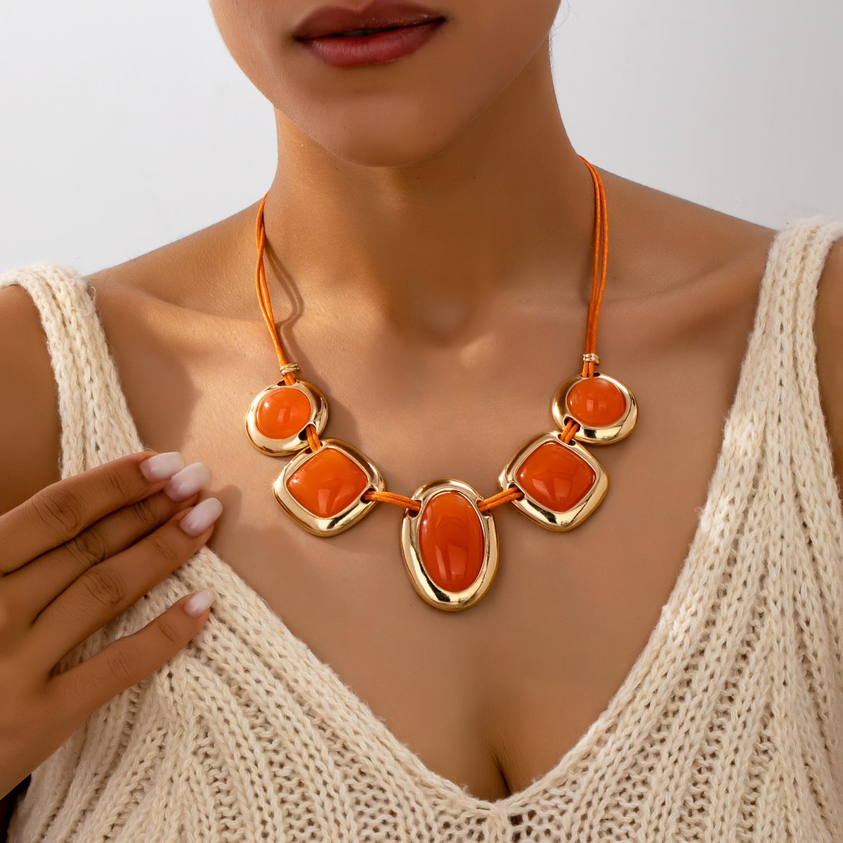 Orange Geometric Statement Necklace