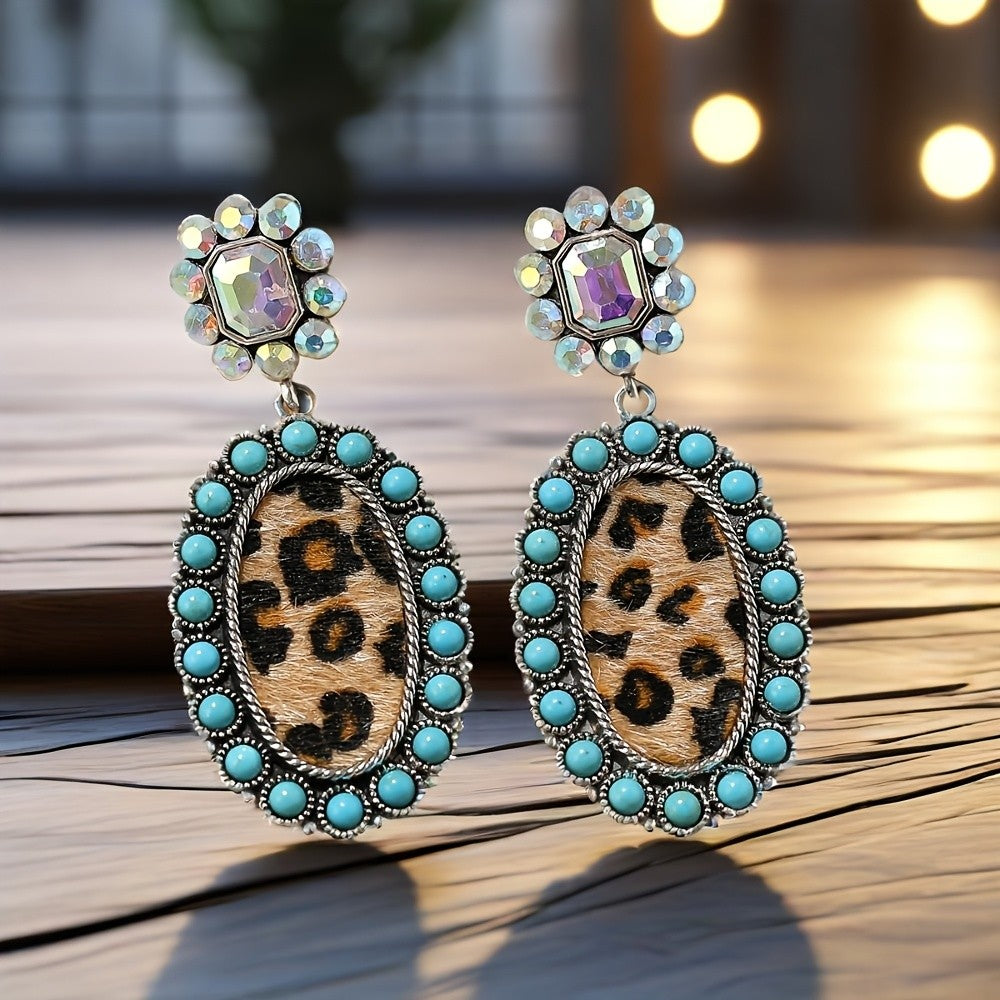 Leopard Print Crystal Turquoise Drop Earrings