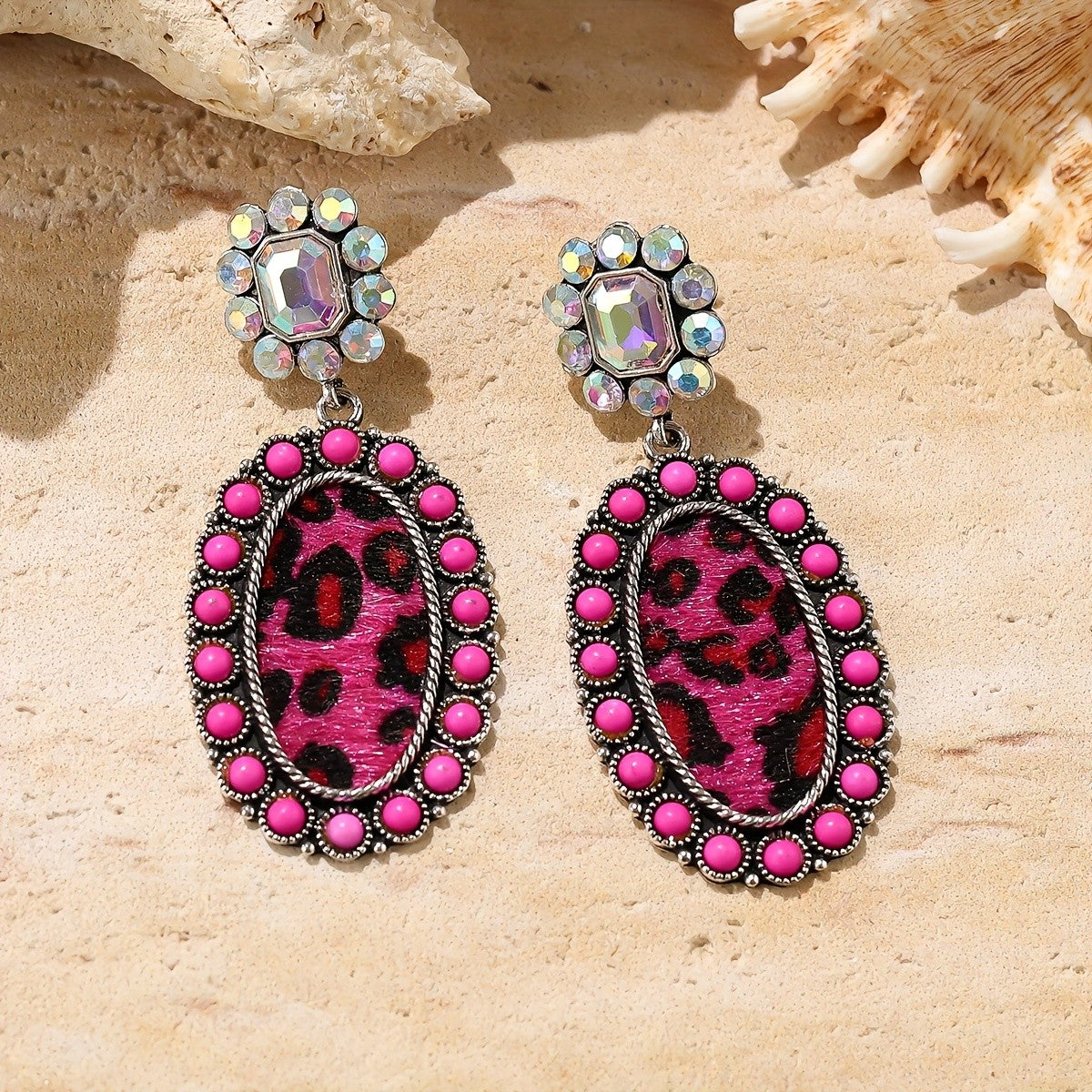 Leopard Print Crystal Turquoise Drop Earrings