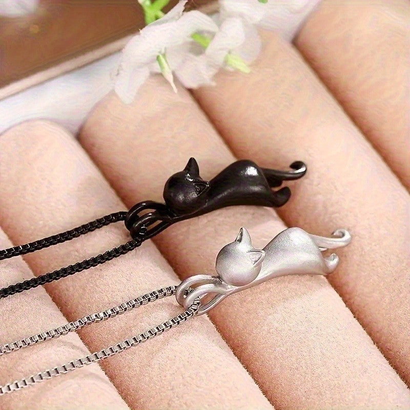 Stretching Cat Pendant Necklace