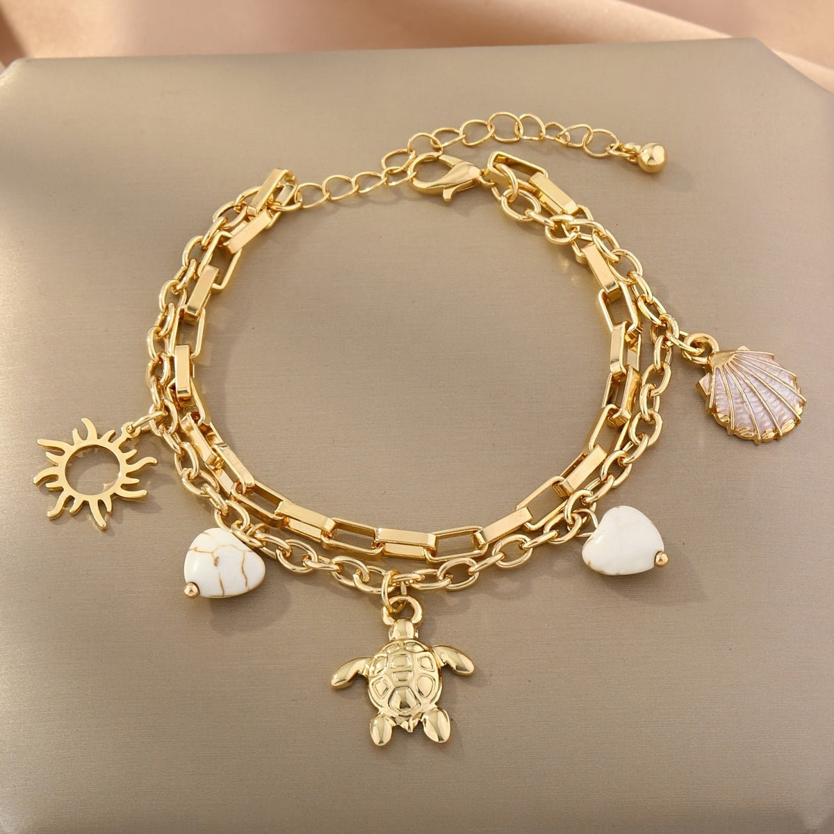 Sun, Turtle & Shell Charm Bracelet