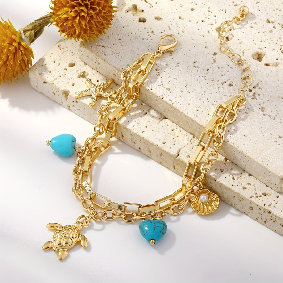 Sun, Turtle & Shell Charm Bracelet