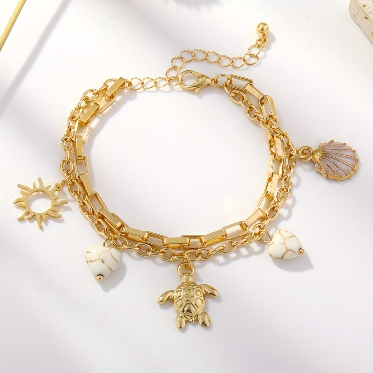 Sun, Turtle & Shell Charm Bracelet