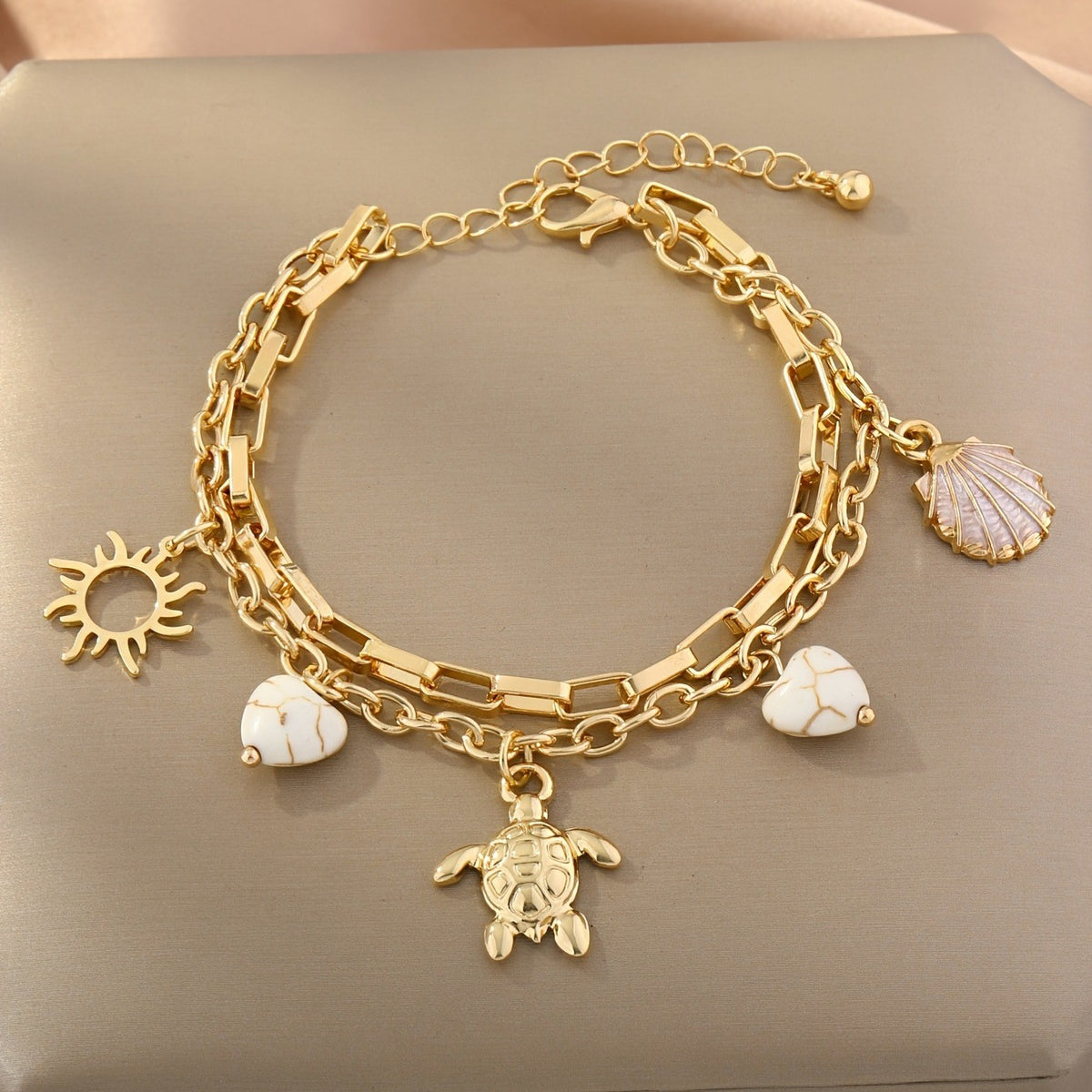 Sun, Turtle & Shell Charm Bracelet