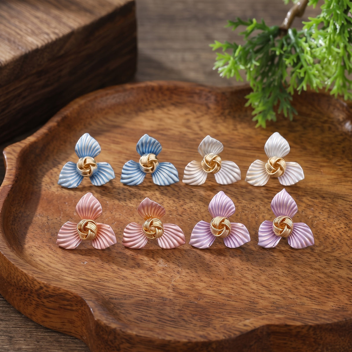 Blue Enamel Petal Knot Earrings