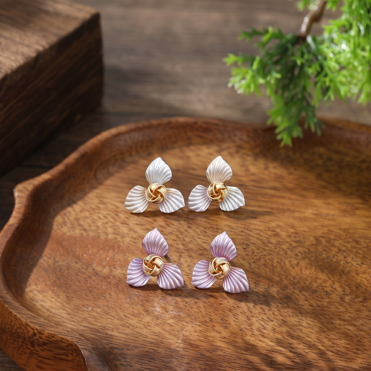 Blue Enamel Petal Knot Earrings