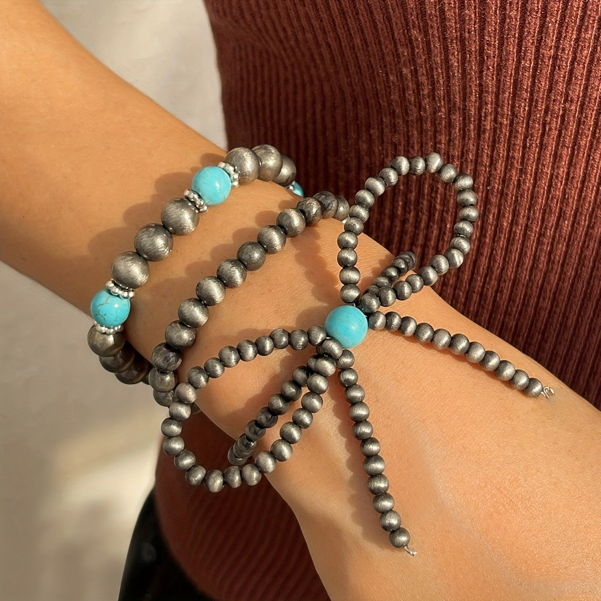 Turquoise & Silver Bead Bow Bracelet Set