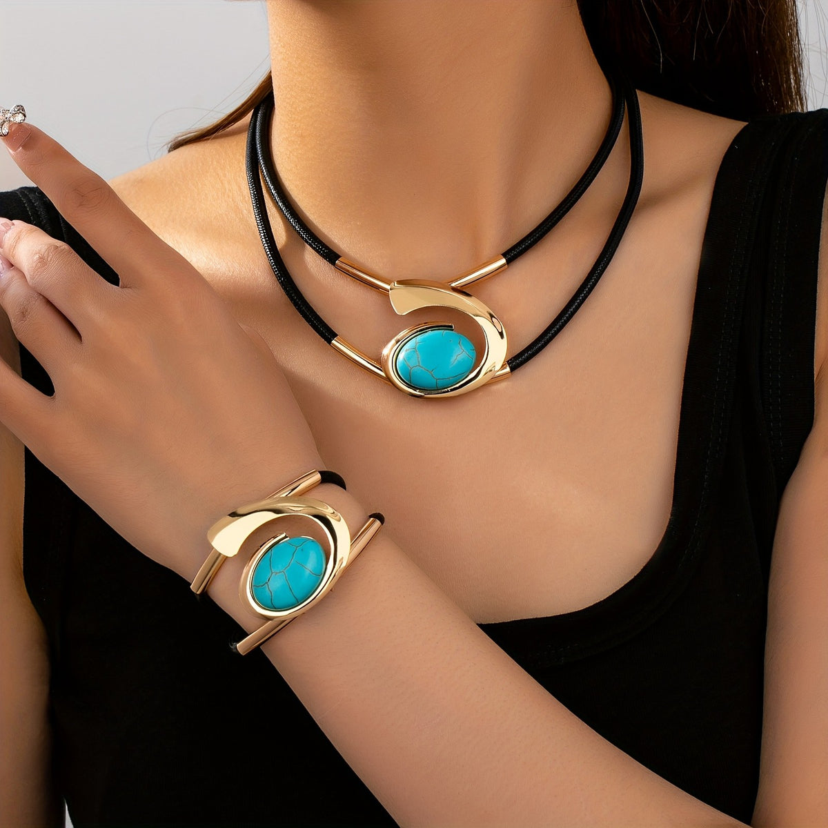 Turquoise Oval Crossover Necklace & Bracelet Set