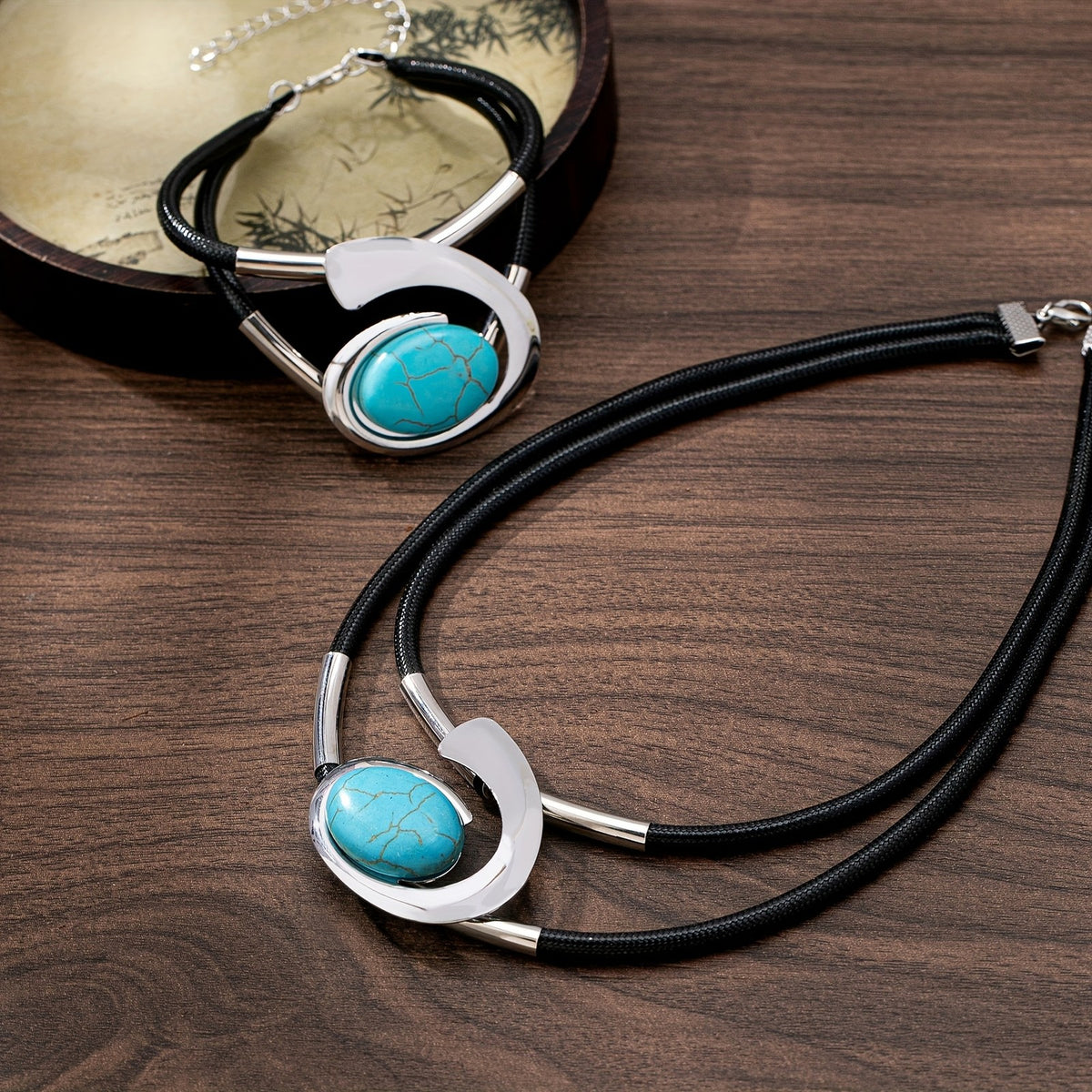 Turquoise Oval Crossover Necklace & Bracelet Set