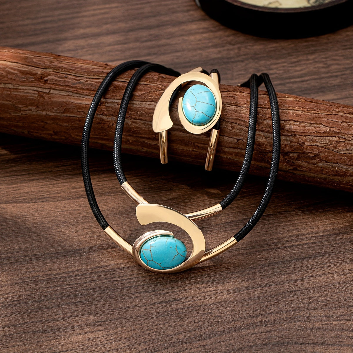 Turquoise Oval Crossover Necklace & Bracelet Set