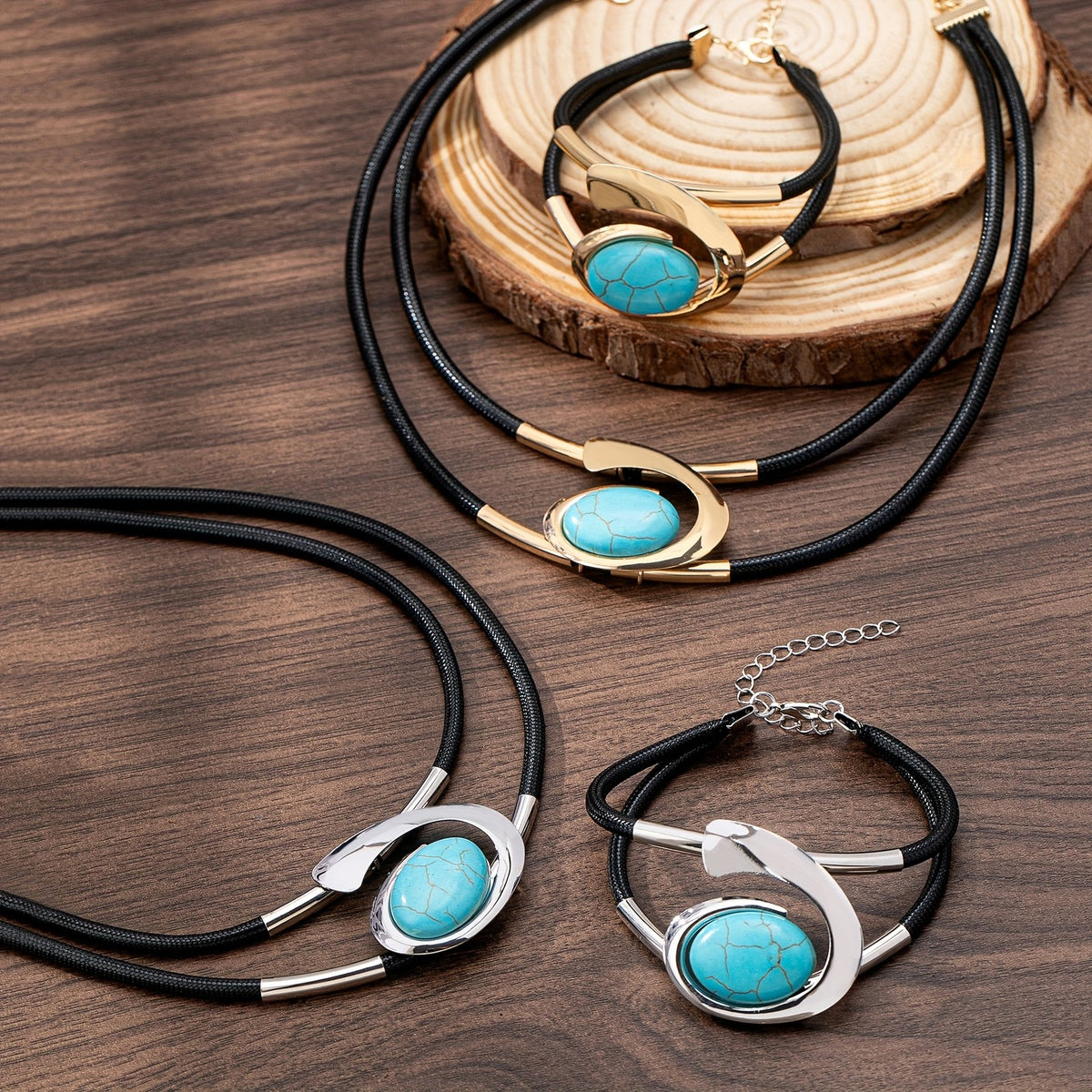 Turquoise Oval Crossover Necklace & Bracelet Set