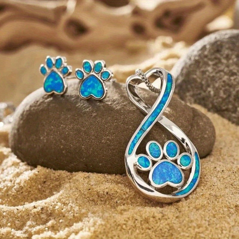 Blue Paw Infinity Necklace & Earring Set