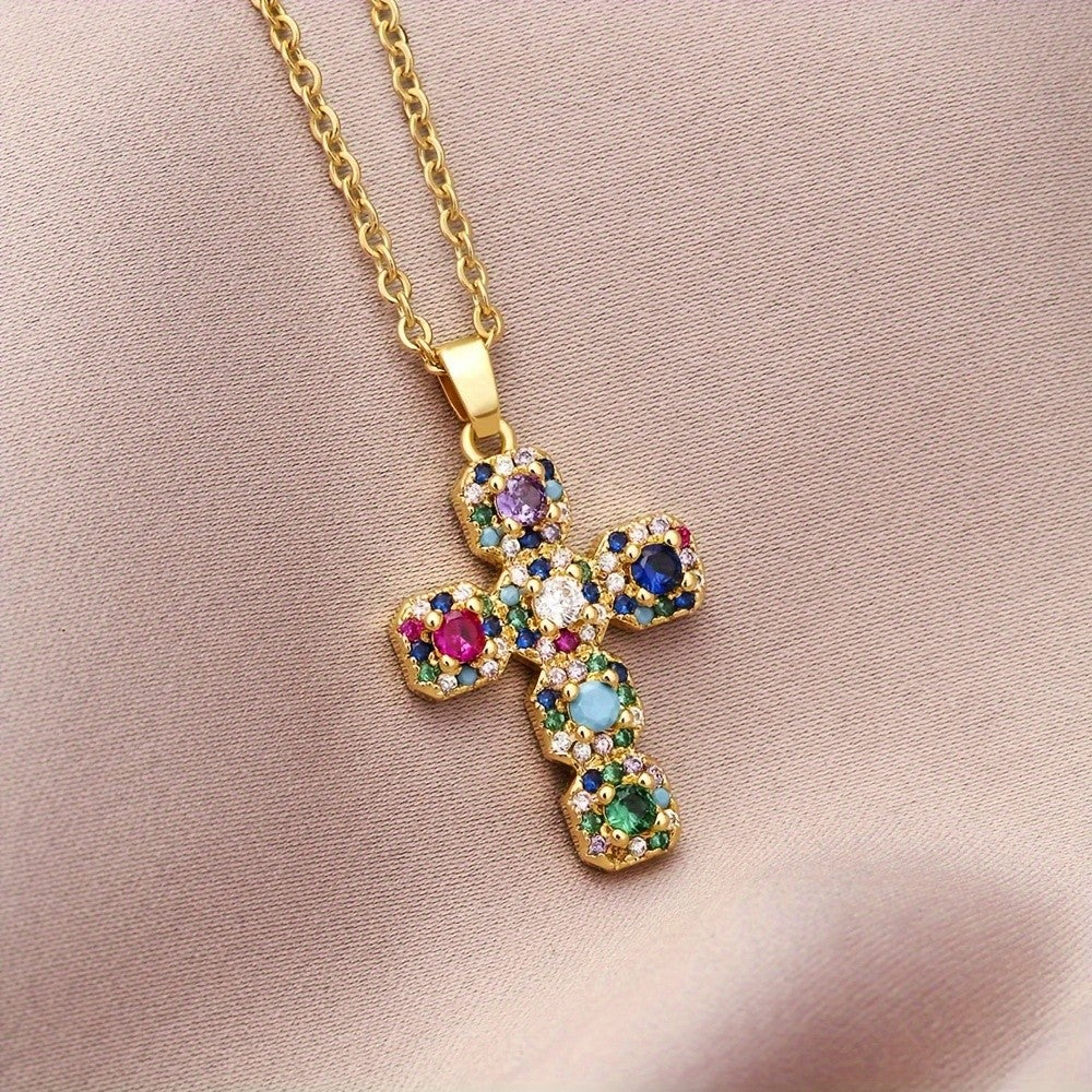 Colorful Gemstone Cross Necklace