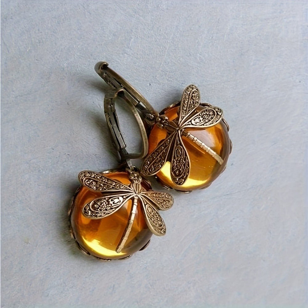 Amber Dragonfly Dangle Earrings