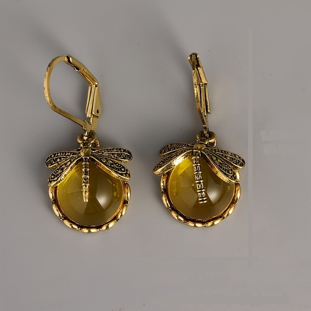 Amber Dragonfly Dangle Earrings
