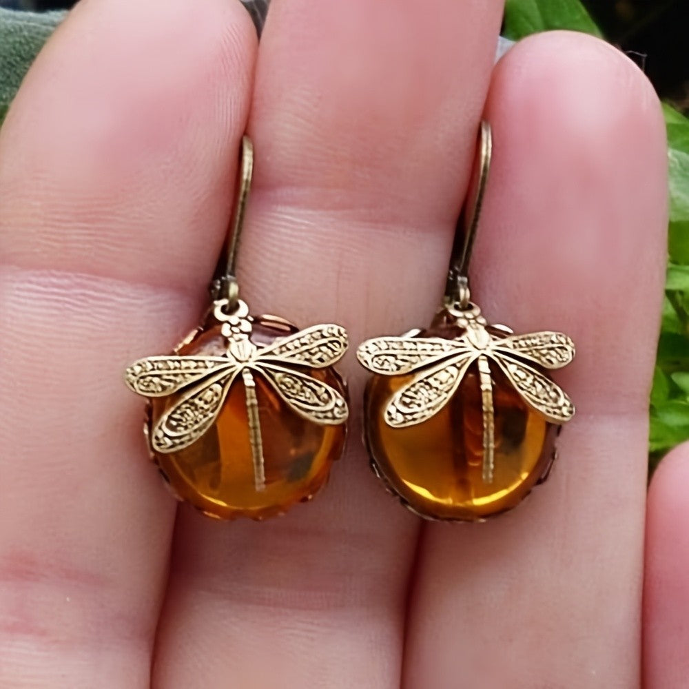 Amber Dragonfly Dangle Earrings