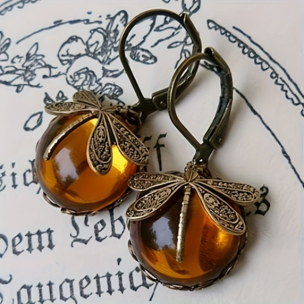 Amber Dragonfly Dangle Earrings