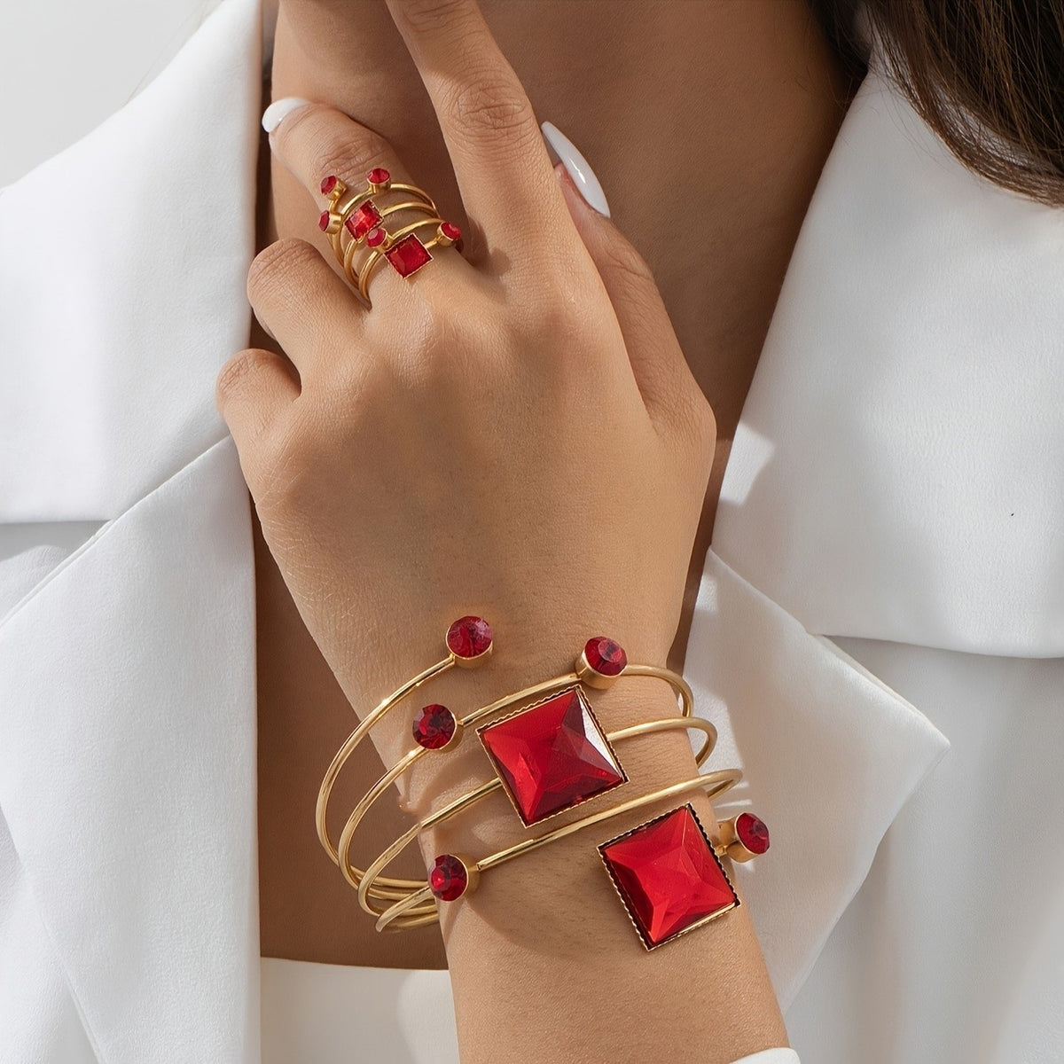 Red Square Gem Bracelet & Ring Set