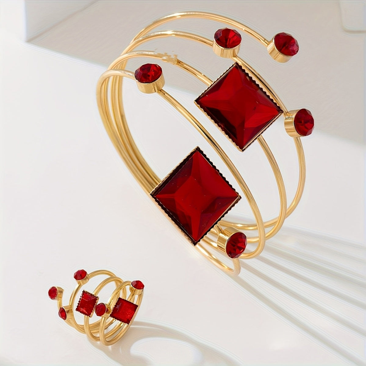 Red Square Gem Bracelet & Ring Set