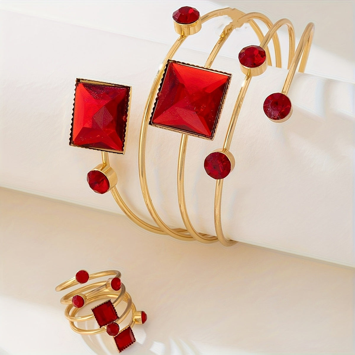 Red Square Gem Bracelet & Ring Set