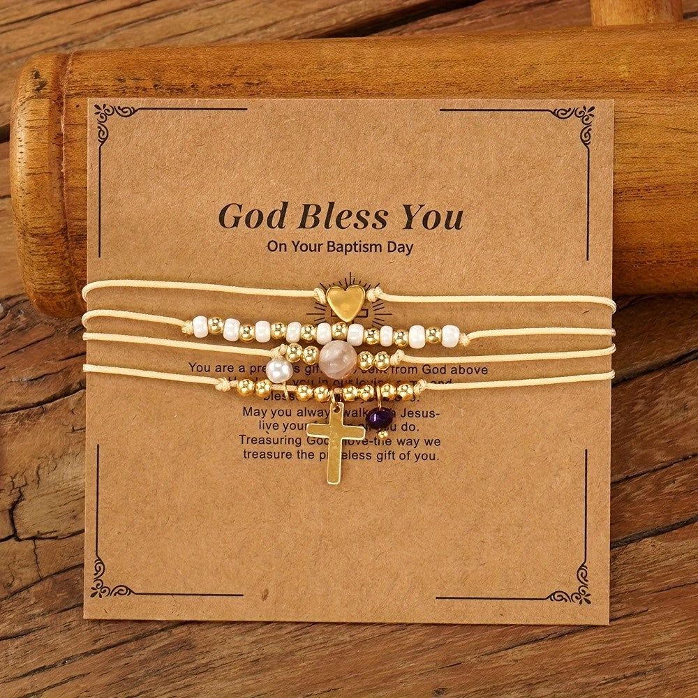 Layered Cross & Heart Bead Bracelet