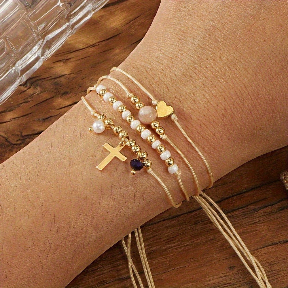 Layered Cross & Heart Bead Bracelet
