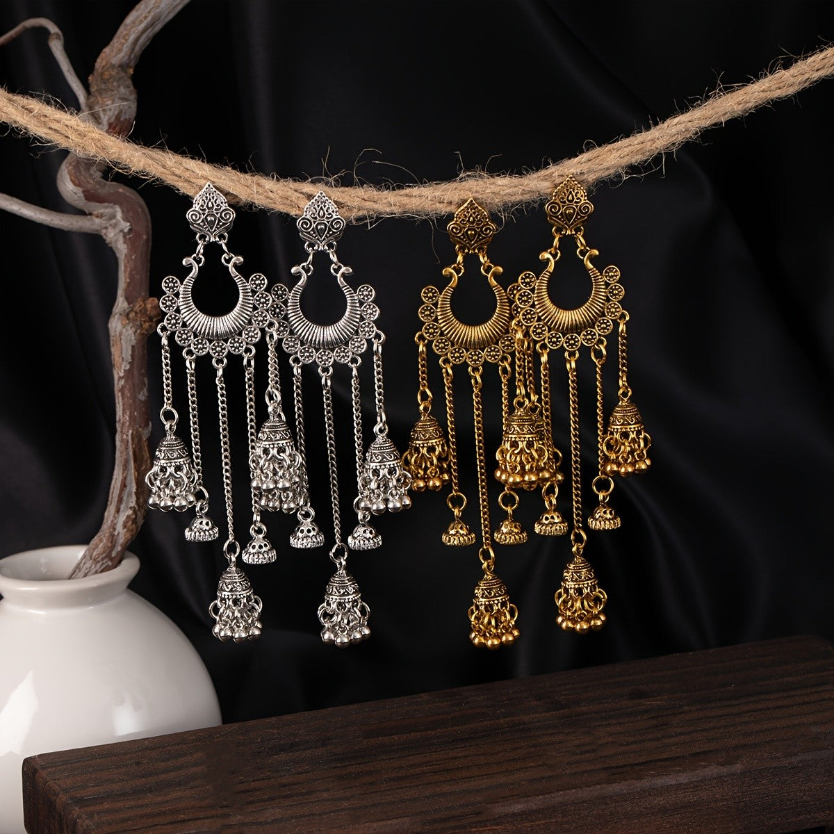 Vintage Peacock Bell Tassel Earrings