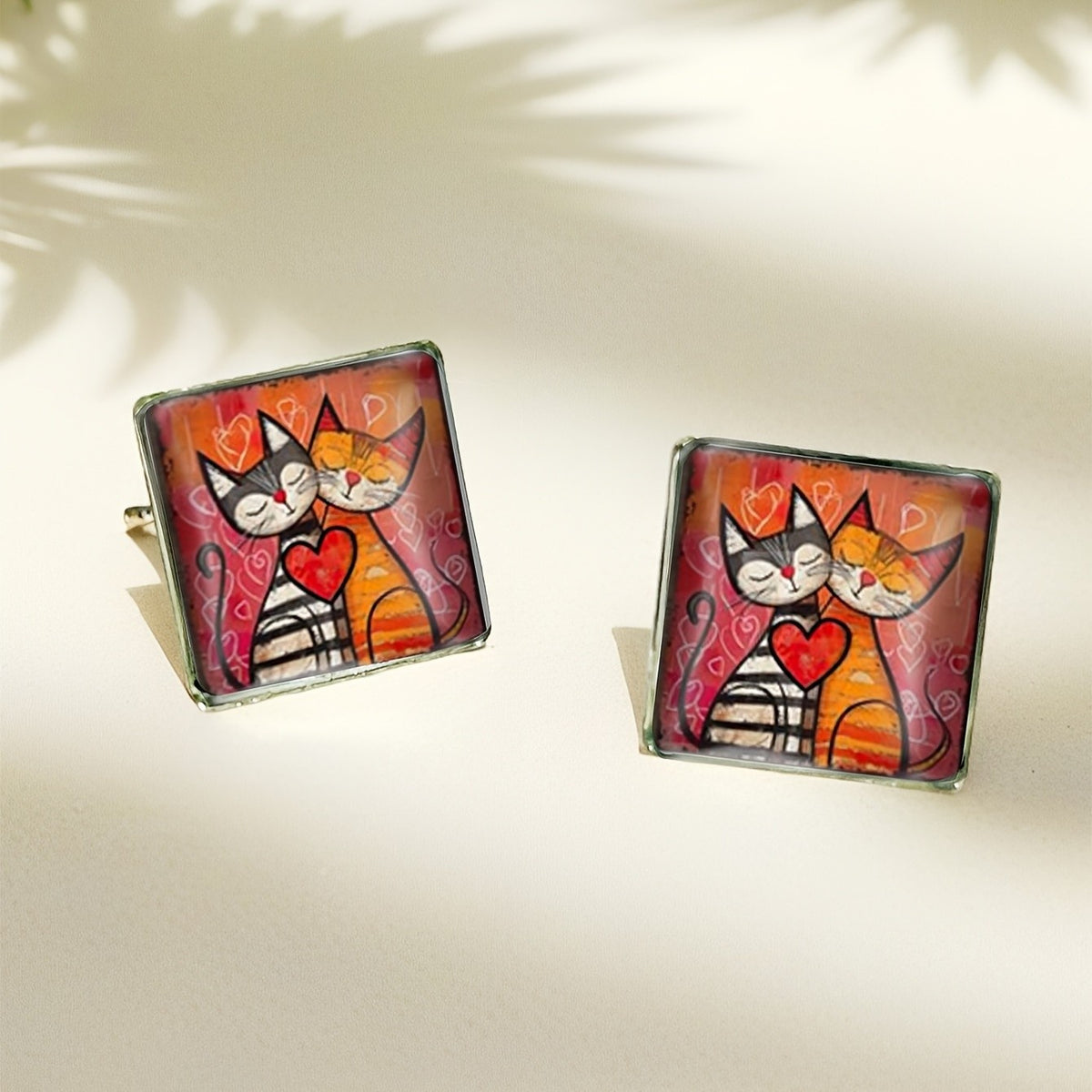 Square Cat & Heart Earrings