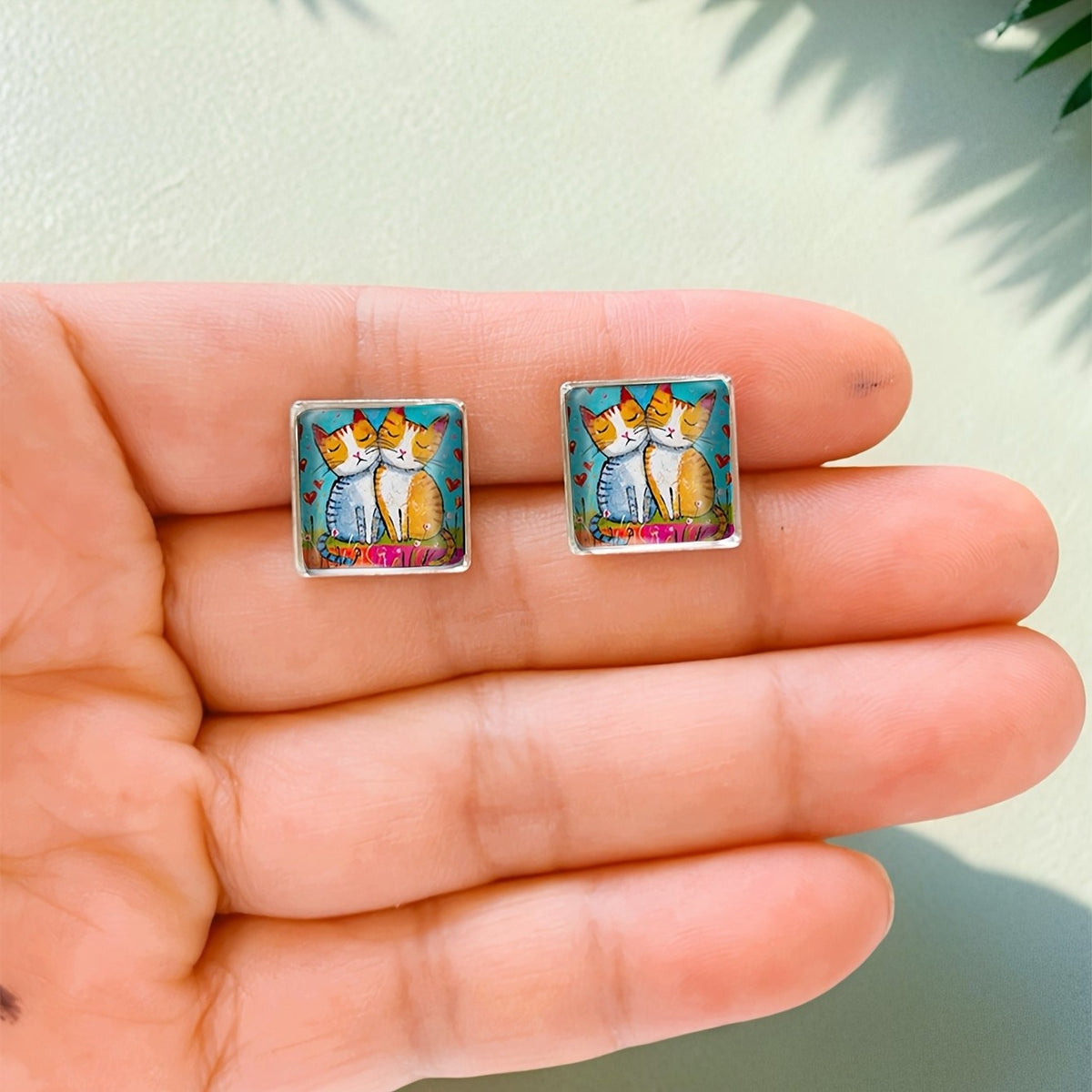 Square Cat & Heart Earrings