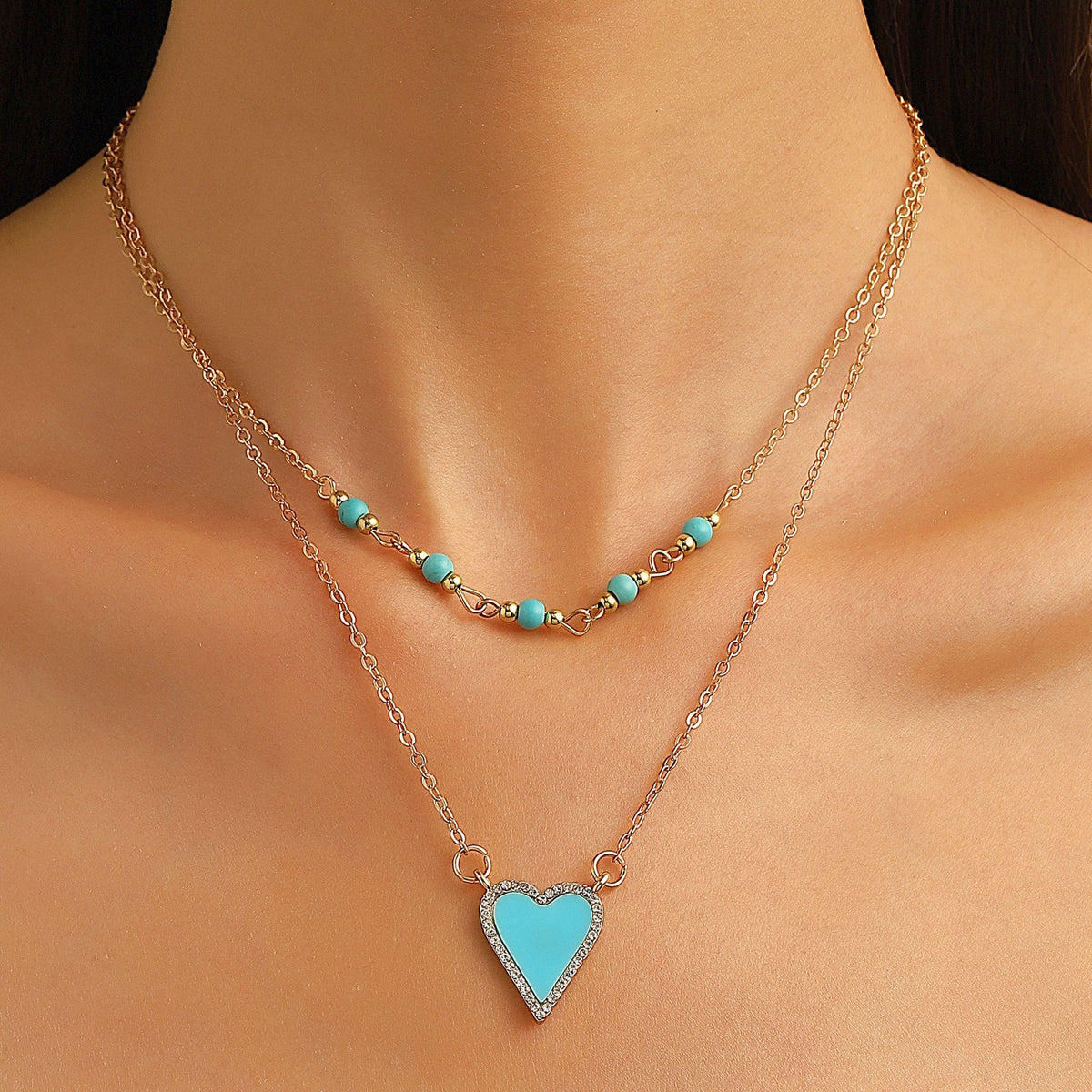 Turquoise Bead & Crystal Heart Layered Necklace