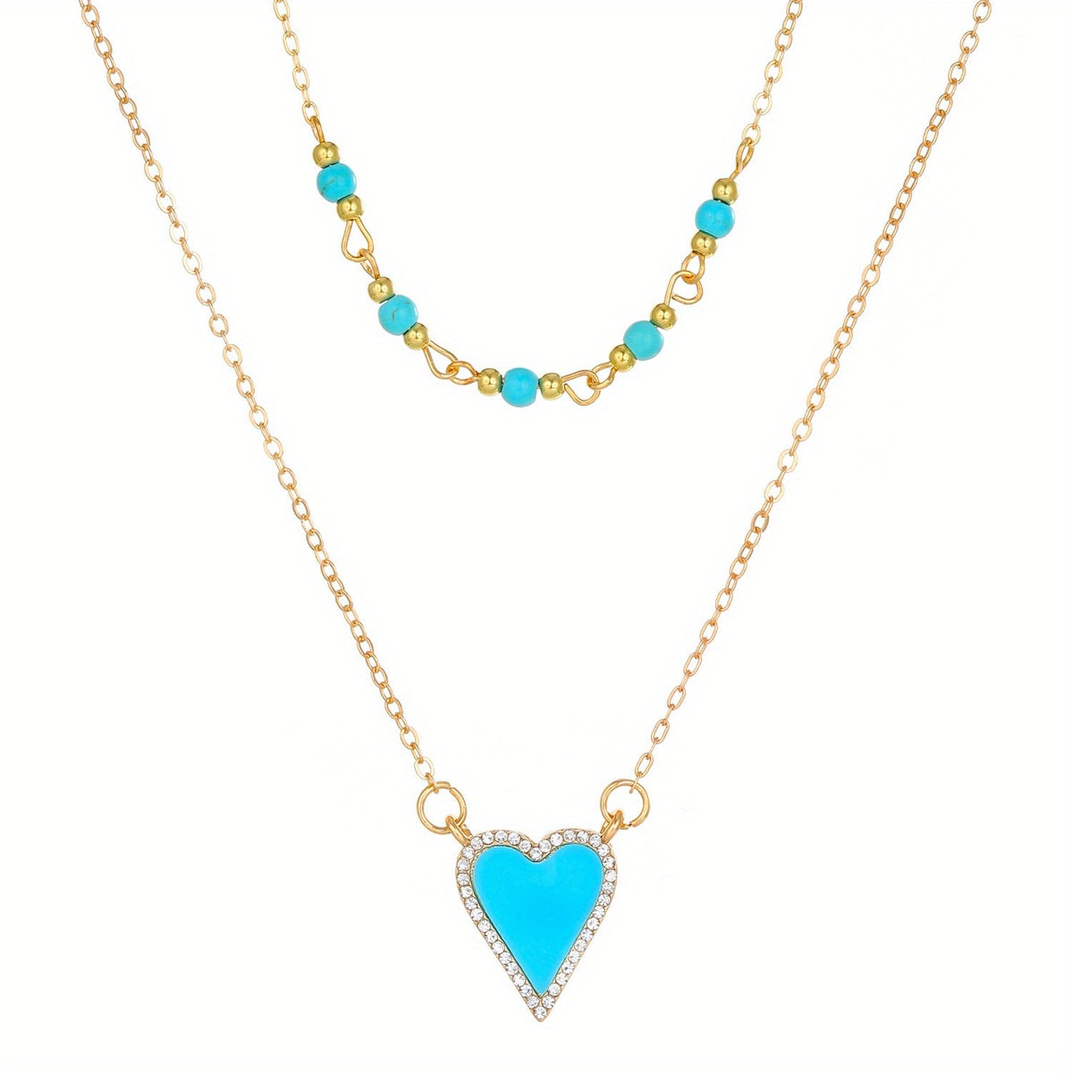 Turquoise Bead & Crystal Heart Layered Necklace
