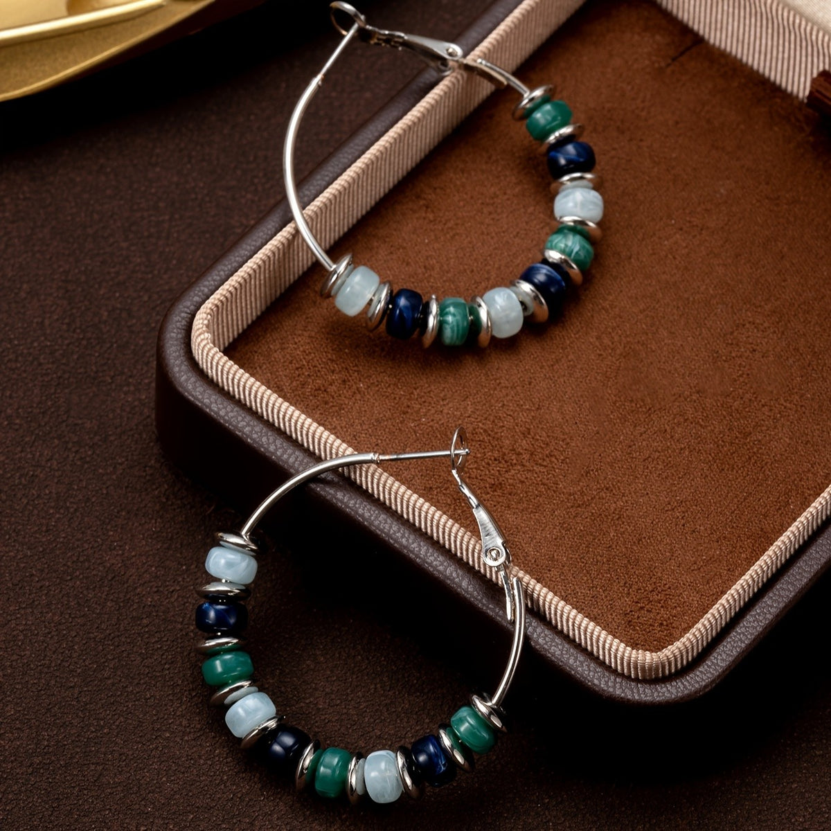 Blue Green Bead Hoop Earrings