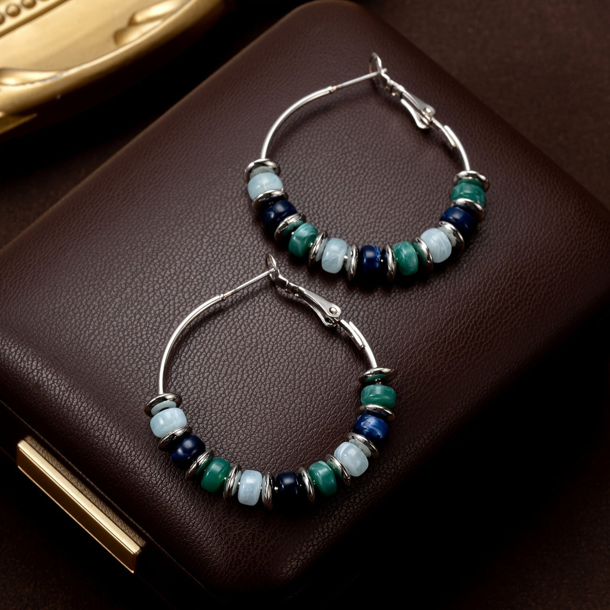Blue Green Bead Hoop Earrings
